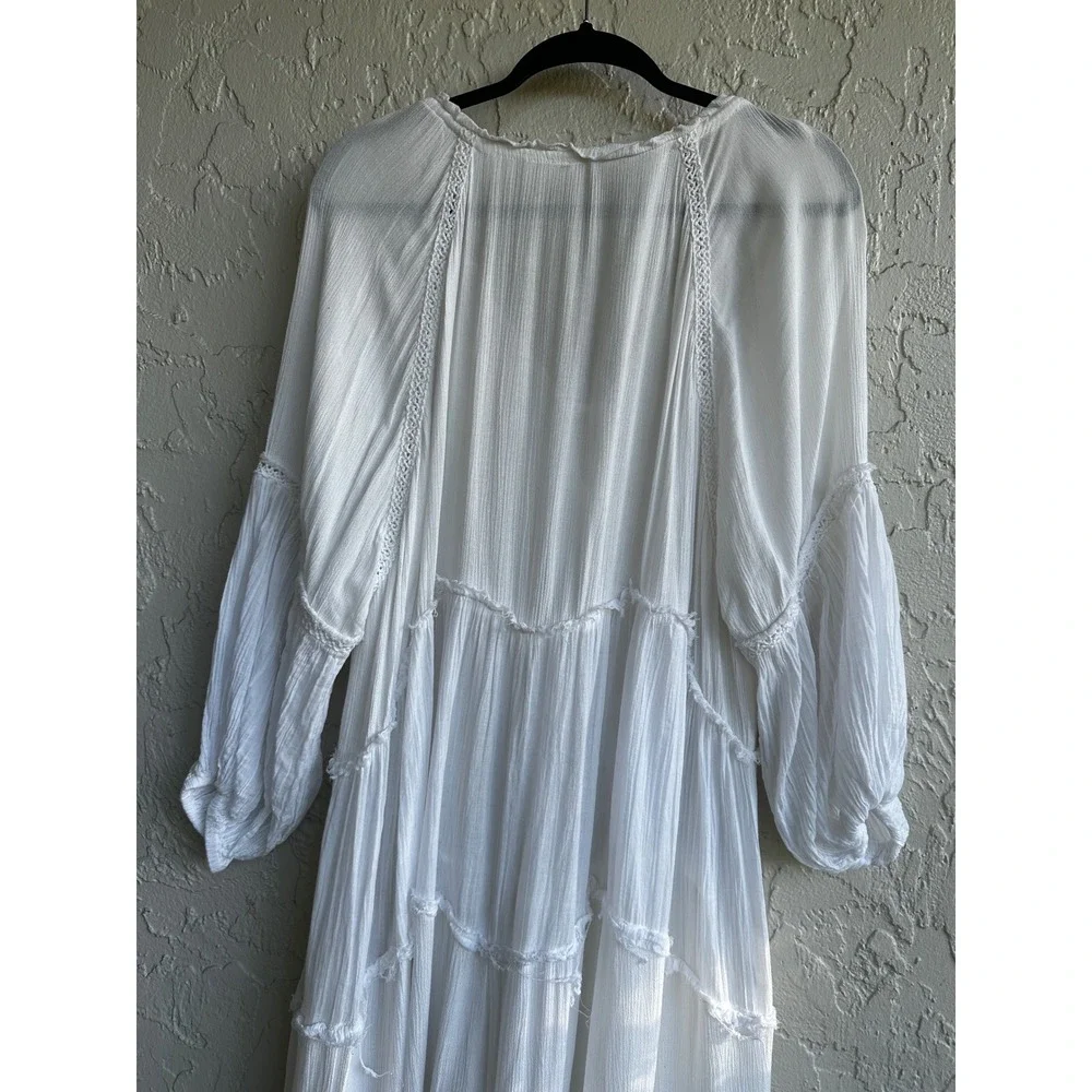 Free People White Tiered Midi Peasant Dress Boho Cottage Prairie Tassels Small